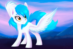 Size: 1000x667 | Tagged: safe, artist:askometa, oc, oc only, oc:skyshine power, pegasus, pony, blue mane, colored eyebrows, colored pinnae, colored wings, gradient wings, looking back, orange eyes, pink sky, smiling, solo, standing, white coat, wings, yellow eyes