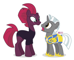 Size: 800x650 | Tagged: safe, artist:dm29, fizzlepop berrytwist, tempest shadow, oc, oc:scope, pony, unicorn, g4, my little pony: the movie, armor, broken horn, eye scar, female, horn, male, open mouth, royal guard, scar, shocked, show accurate, simple background, size difference, smaller male, stallion, tempest shadow is tall, transparent background