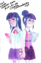Size: 1700x2600 | Tagged: safe, artist:rufina-tomoyo, sci-twi, twilight sparkle, equestria girls, g4, my little pony equestria girls: friendship games, autograph, book, carla castañeda, clothes, crystal prep academy uniform, holding hands, school uniform, simple background, traditional art, twolight, watercolor painting, white background