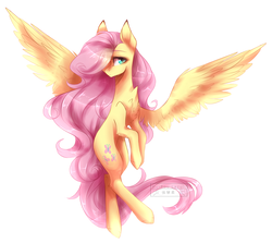 Size: 2435x2171 | Tagged: safe, artist:huirou, fluttershy, pegasus, pony, g4, chest fluff, female, hair over one eye, high res, mare, simple background, solo, spread wings, turned head, white background, wings