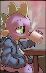 Size: 1207x1920 | Tagged: safe, artist:gsphere, spike, dragon, g4, chair, clothes, drink, drinking, hoodie, male, mug, solo, steam, table