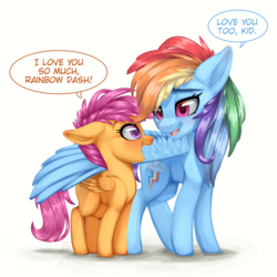 Size: 2500x2500 | Tagged: safe, artist:mittz-the-trash-lord, rainbow dash, scootaloo, pegasus, pony, blank flank, blushing, cute, duo, eye contact, female, filly, floppy ears, high res, hug, lidded eyes, looking at each other, mare, multicolored hair, open mouth, scootalove, simple background, sisterly love, smiling, speech bubble, white background, wing fluff, winghug