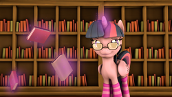 Size: 1920x1080 | Tagged: safe, artist:yellencandy, twilight sparkle, alicorn, pony, g4, 3d, book, bookhorse, bookshelf, clothes, female, folded wings, glasses, looking at you, magic, mare, smiling, socks, solo, striped socks, that pony sure does love books, twilight sparkle (alicorn)