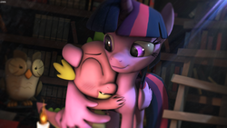 Size: 1920x1080 | Tagged: safe, artist:blackfalcon8, owlowiscious, spike, twilight sparkle, alicorn, dragon, pony, g4, 3d, candle, hug, mama twilight, source filmmaker, spikelove, twilight sparkle (alicorn), winghug