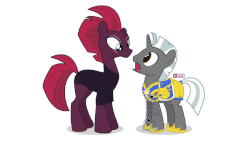 Size: 853x480 | Tagged: safe, artist:dm29, derpibooru exclusive, tempest shadow, oc, oc:scope, pony, unicorn, g4, my little pony: the movie, adobe illustrator, animated, armor, broken horn, cursor, duo, eye scar, female, horn, male, mare, open mouth, royal guard, scar, shocked, show accurate, simple background, size difference, smaller male, stallion, this will end in tears and/or death, touch