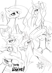 Size: 1447x2046 | Tagged: source needed, safe, artist:chigusa, daybreaker, princess celestia, oc, oc:anon, human, pony, g4, blushing, boop, canon x oc, cellphone, collage, crying, cute, cutelestia, dialogue, eyes closed, feather, female, floppy ears, grayscale, hair over one eye, heart, human male, jewelry, lidded eyes, looking up, magic, male, mare, marriage proposal, monochrome, noseboop, open mouth, phone, regalia, sad, selfie, sharp teeth, sitting, smiling, sweat, sweatdrop, talking, tears of pain, teeth, telekinesis, traditional royal canterlot voice, yandelestia, yandere, yelling, you're going to love me