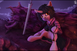 Size: 1920x1280 | Tagged: dead source, safe, artist:apostolllll, oc, oc only, pony, unicorn, clothes, curved horn, horn, log, sitting, solo, sword, tree trunk, weapon