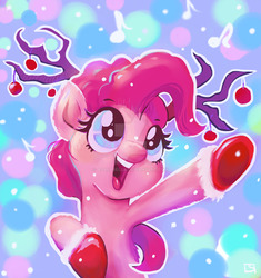 Size: 1280x1359 | Tagged: safe, artist:asurabella, pinkie pie, g4, my little pony: the movie, antlers, christmas, christmas ornament, clothes, cute, decoration, diapinkes, female, holiday, reindeer antlers, snow, socks, solo, watermark