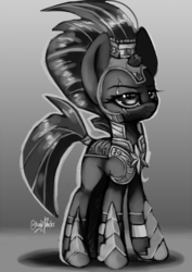 Size: 1240x1748 | Tagged: safe, artist:stereoheart45, tempest shadow, g4, my little pony: the movie, armor, broken horn, eye scar, female, horn, monochrome, royal guard armor, scar, solo, tempest becomes a royal guard