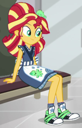 Size: 430x668 | Tagged: safe, screencap, sunset shimmer, puffer fish, equestria girls, g4, good vibes, my little pony equestria girls: summertime shorts, alternate hairstyle, bench, clothes, converse, cropped, female, mall, shoes, sitting, smiling, sneakers, solo, sunset sushi