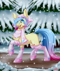 Size: 2600x3100 | Tagged: safe, artist:pinktabico, oc, oc only, oc:senpai, earth pony, pony, clothes, commission, hat, high res, male, pine tree, ponysona, raised hoof, scarf, snow, snowfall, socks, solo, stallion, stockings, thigh highs, tree, winter, ych result