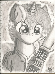 Size: 1696x2264 | Tagged: safe, artist:radiancebreaker, lyra heartstrings, pony, g4, clothes, female, lightsaber, monochrome, solo, star wars, traditional art, weapon