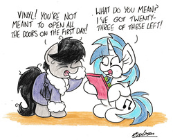 Size: 2039x1646 | Tagged: safe, artist:bobthedalek, dj pon-3, octavia melody, vinyl scratch, earth pony, pony, unicorn, g4, advent calendar, bathrobe, bed mane, clothes, dialogue, eating, eyes closed, facehoof, female, mare, meta in the comments, open mouth, robe, sitting, traditional art