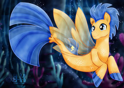 Size: 1600x1131 | Tagged: safe, artist:jotakaanimation, flash sentry, pegasus, seapony (g4), g4, my little pony: the movie, bubble, colt, digital art, fin wings, fins, male, ocean, seaponified, seaquestria, solo, species swap, stallion, swimming, underwater, water, wings