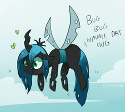 Size: 1553x1387 | Tagged: safe, artist:dsp2003, artist:tjpones, queen chrysalis, changeling, changeling queen, insect, pony, g4, blushing, cloud, collaboration, colored, crown, cute, cute little fangs, cutealis, dsp2003 is trying to murder us, fangs, female, floppy ears, flying, heart, hug, hug request, hugs 4 bugs, jewelry, mare, regalia, single panel, sketch, solo, tjpones is trying to murder us