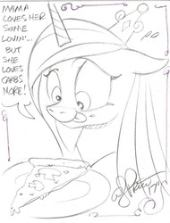 Size: 844x1113 | Tagged: safe, artist:andy price, princess cadance, alicorn, pony, g4, alicorn metabolism, black and white, commission, diet, female, food, grayscale, imminent consumption, licking, licking lips, lineart, mare, monochrome, peetzer, pizza, silly, silly pony, simple background, solo, tongue out, white background