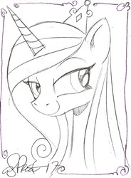 Size: 817x1108 | Tagged: safe, artist:andy price, princess cadance, alicorn, pony, g4, black and white, bust, female, grayscale, lineart, mare, monochrome, sketch, smiling, solo, traditional art