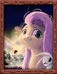 Size: 2308x3000 | Tagged: safe, artist:mindofor, angel bunny, fluttershy, pegasus, pony, rabbit, g4, bust, duo, female, frame, high res, looking at you, looking sideways, mare, messy mane, portrait, smiling, solo