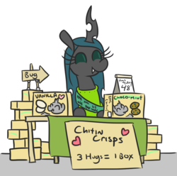 Size: 783x776 | Tagged: safe, artist:jargon scott, queen chrysalis, changeling, g4, boxes, clothes, cookie, cute, cutealis, fangs, female, food, hugs 4 bugs, sign, smiling, solo