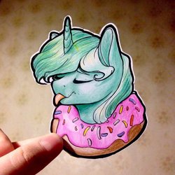 Size: 1024x1024 | Tagged: safe, artist:evakulisreal, lyra heartstrings, pony, g4, donut, eyes closed, food, hand, irl, photo, solo, tongue out, traditional art