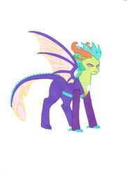 Size: 1275x1750 | Tagged: safe, artist:ocean-drop, oc, oc only, oc:dragonfly, dragonling, hybrid, interspecies offspring, magical gay spawn, offspring, parent:spike, parent:thorax, parents:thoraxspike, simple background, solo, white background