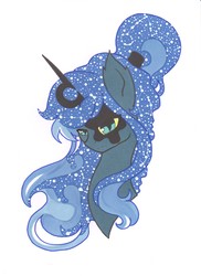 Size: 1275x1750 | Tagged: safe, artist:ocean-drop, oc, oc only, oc:constellation, hybrid, augmented horn, bust, horn, interspecies offspring, male, offspring, parent:discord, parent:princess luna, parents:lunacord, portrait, simple background, solo, white background