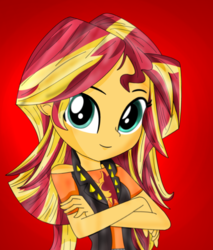 Size: 2568x3012 | Tagged: safe, artist:midosakr10, sunset shimmer, equestria girls, g4, my little pony equestria girls: better together, clothes, crossed arms, female, high res, looking at you, missing accessory, red background, simple background, smiling, solo