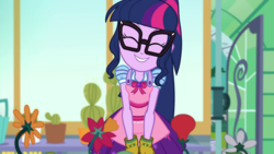 Size: 1280x720 | Tagged: safe, screencap, sci-twi, twilight sparkle, equestria girls, g4, my little pony equestria girls: better together, my little shop of horrors, apron, cactus, clothes, cute, eyes closed, female, flower, gloves, plant, room to grow, smiling, solo, twiabetes