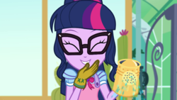 Size: 1280x720 | Tagged: safe, screencap, sci-twi, twilight sparkle, equestria girls, g4, my little pony equestria girls: better together, my little shop of horrors, ^^, apron, bowtie, cute, eyes closed, female, geode of telekinesis, giggling, glasses, gloves, grin, magical geodes, smiling, solo, twiabetes, watering can