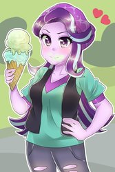 Size: 800x1200 | Tagged: safe, artist:kouno bird, starlight glimmer, human, equestria girls, g4, beanie, clothes, female, food, hat, heart, ice cream, messy eating, smiling, solo, that human sure does love ice cream, that pony sure does love ice cream
