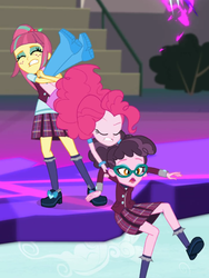 Size: 1536x2048 | Tagged: safe, screencap, pinkie pie, sour sweet, varsity trim, equestria girls, g4, my little pony equestria girls: friendship games, clothes, crystal prep academy uniform, dimensional cracks, eyes closed, female, freckles, glasses, gritted teeth, open mouth, school uniform