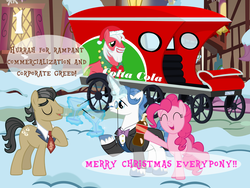 Size: 1024x768 | Tagged: safe, artist:bronybyexception, big macintosh, fancypants, filthy rich, pinkie pie, earth pony, pony, g4, advent calendar, alcohol, carriage, christmas, coca-cola, cocktail glass, commercial, commercial reference, female, holiday, male, mare, martini, santa hooves, snow, stallion