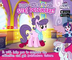 Size: 940x788 | Tagged: safe, gameloft, north point, suri polomare, twilight sparkle, earth pony, pony, unicorn, equestria girls, g4, official, female, gameloft shenanigans, mare, my little pony: the movie logo, ponied up