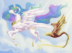 Size: 3182x2351 | Tagged: safe, artist:asterdog, philomena, princess celestia, phoenix, g4, high res