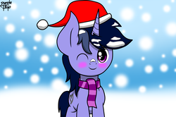 Size: 2257x1500 | Tagged: safe, artist:php142, oc, oc only, oc:purple flix, accessory, blushing, christmas, clothes, cute, hat, holiday, looking at you, male, one eye closed, scarf, snow, solo, standing, wink, winter