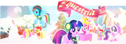 Size: 1000x350 | Tagged: safe, apple bloom, applejack, derpy hooves, fluttershy, pinkie pie, rainbow dash, rarity, scootaloo, spike, sweetie belle, twilight sparkle, dragon, earth pony, pegasus, pony, unicorn, equestria daily, g4, blue eyes, christmas, christmas tree, clothes, cutie mark crusaders, female, flying, green eyes, hat, holiday, horn, house, male, mane seven, mane six, mare, open mouth, open smile, purple eyes, raised hoof, raised leg, scarf, smiling, snow, snowfall, snowman, spread wings, standing on two hooves, tree, unicorn twilight, wings, yellow eyes