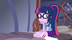 Size: 3840x2160 | Tagged: safe, artist:phucknuckl, sci-twi, twilight sparkle, human, equestria girls, g4, legend of everfree - bloopers, my little pony equestria girls: legend of everfree, bed, breasts, camp everfree outfits, clothes, cute, female, glasses, high res, inkscape, missing shoes, shorts, socks, solo, tent, twiabetes, vector, wallpaper