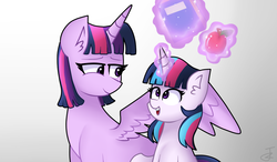 Size: 1024x597 | Tagged: safe, artist:sweetpieee, twilight sparkle, oc, alicorn, pony, unicorn, g4, female, filly, magical lesbian spawn, mother and daughter, offspring, parent:rainbow dash, parent:twilight sparkle, parents:twidash, twilight sparkle (alicorn)