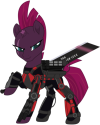 Size: 3693x4620 | Tagged: safe, artist:sonofaskywalker, tempest shadow, pony, unicorn, g4, my little pony: the movie, absurd resolution, armor, blade, broken horn, colored pupils, crossover, edge of tomorrow, emily blunt, female, horn, mare, power armor, powered exoskeleton, propeller blade, raised hoof, rita vrataski, simple background, smiling, smirk, solo, sword, transparent background, voice actor joke, weapon