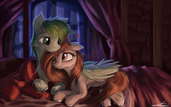 Size: 1920x1200 | Tagged: safe, artist:aurelleah, oc, oc only, oc:ember, oc:emerald stonesetter, pony, g4, aurelleah is trying to murder us, bed, blushing, cheek fluff, chest fluff, cottagecore, cuddling, curtains, cute, ear fluff, female, floppy ears, fluffy, heart, hoof fluff, horseshoes, hug, looking at each other, male, moonlight, night, ocbetes, pillow, shipping, smiling, straight, unshorn fetlocks, wallpaper, winghug