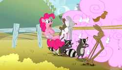 Size: 1280x738 | Tagged: safe, screencap, pinkie pie, earth pony, girabbit, mouse, pony, rabbit, raccoon, squirrel, g4, the return of harmony, butt, cloud, cotton candy, cotton candy cloud, eating, female, food, lasso, mare, plot, popcorn, rope, surprised