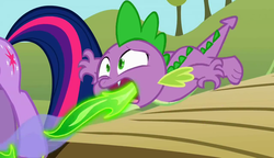 Size: 1280x738 | Tagged: safe, screencap, spike, twilight sparkle, dragon, pony, unicorn, g4, the return of harmony, burp, dragonfire, female, fire, fire breath, fire burp, green fire, male, mare