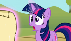 Size: 1280x738 | Tagged: safe, screencap, twilight sparkle, pony, unicorn, g4, season 2, the return of harmony, female, letter, magic, mare, shocked, solo, surprised, telekinesis, unicorn twilight