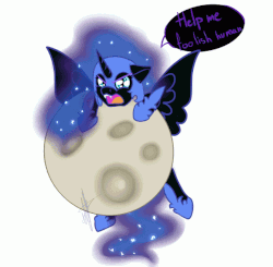 Size: 613x600 | Tagged: safe, artist:rimmi1357, nightmare moon, alicorn, human, g4, adorable distress, animated, chibi, cute, dialogue, female, gif, hoofy-kicks, moon, moonabetes, open mouth, simple background, speech bubble, tangible heavenly object, white background