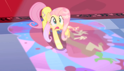 Size: 1280x738 | Tagged: safe, screencap, discord, fluttershy, draconequus, pegasus, pony, g4, the return of harmony, fear, scared, stained glass, sunlight