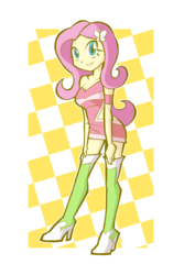 Size: 800x1200 | Tagged: safe, artist:rvceric, fluttershy, equestria girls, g4, boots, breasts, cleavage, clothes, cute, female, high heel boots, miniskirt, race queen, shoes, shyabetes, skirt, smiling, solo, thigh boots, thighs
