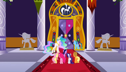 Size: 1280x738 | Tagged: safe, screencap, applejack, fluttershy, pinkie pie, princess celestia, rainbow dash, rarity, twilight sparkle, alicorn, earth pony, pegasus, pony, unicorn, g4, the return of harmony, carpet, door, female, mane six, pillar, statue