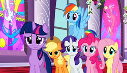 Size: 1280x738 | Tagged: safe, screencap, applejack, discord, fluttershy, pinkie pie, princess luna, rainbow dash, rarity, twilight sparkle, alicorn, draconequus, earth pony, pegasus, pony, unicorn, g4, the return of harmony, mane six, stained glass, unicorn twilight, window