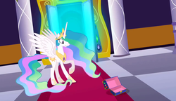 Size: 1280x738 | Tagged: safe, screencap, princess celestia, alicorn, pony, g4, the return of harmony, box, female, mare, raised hoof, shocked, solo, surprised