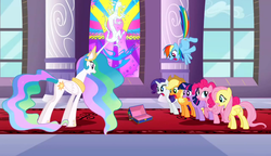 Size: 1280x738 | Tagged: safe, screencap, applejack, discord, fluttershy, pinkie pie, princess celestia, rainbow dash, rarity, twilight sparkle, alicorn, draconequus, earth pony, pegasus, pony, unicorn, g4, the return of harmony, box, carpet, fear, mane six, nonchalant, one of these things is not like the others, open mouth, shocked, stained glass, surprised, unicorn twilight, window